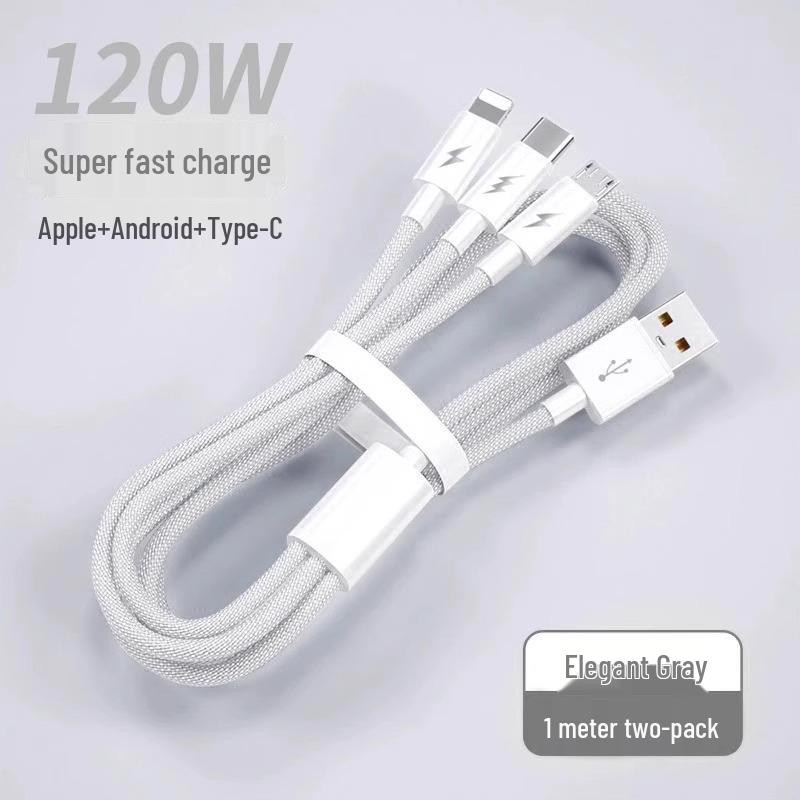Multi-Head 3-in-1 Fast Charging Cable: 120W for Home, 66W for Car, Compatible with Apple Devices.