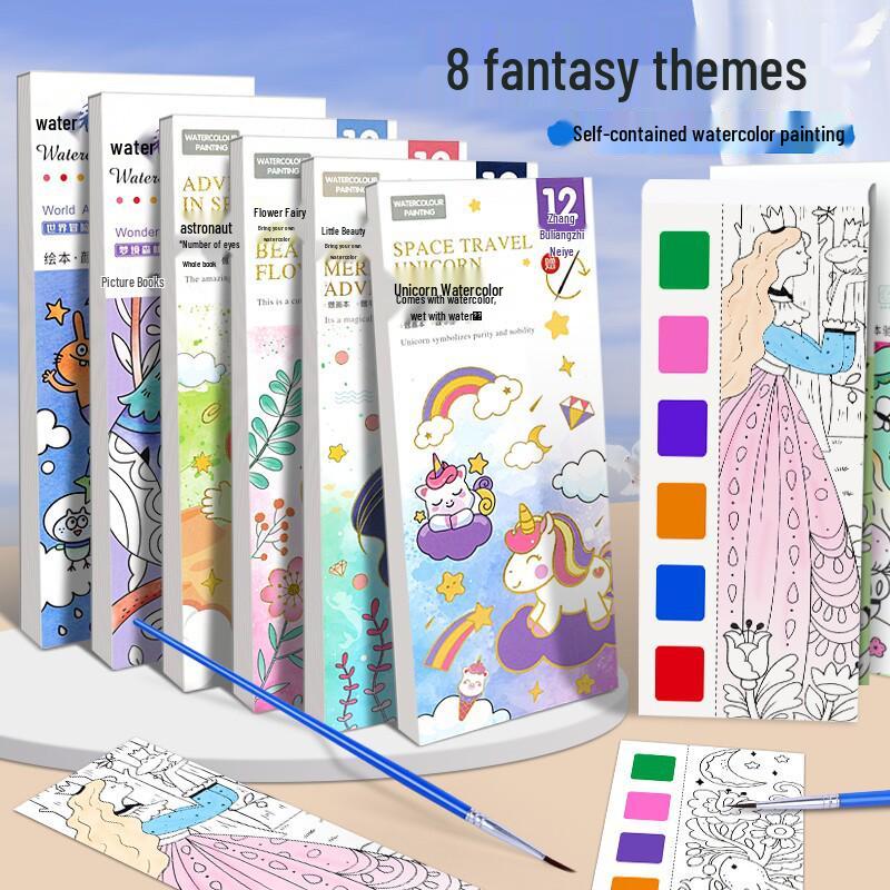 Portable Children's Watercolor Doodle and Coloring Book with Sticky Notes and Gouache