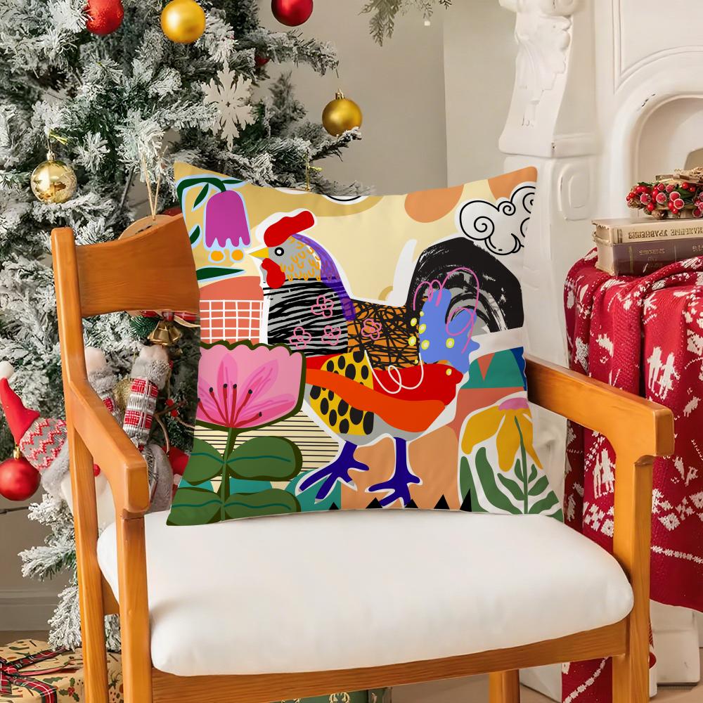 Rooster Doodle Art Pillow Case Silky Short Plush With Invisible Zipper Dustproof Sofa Cushion Cover For Home Decor