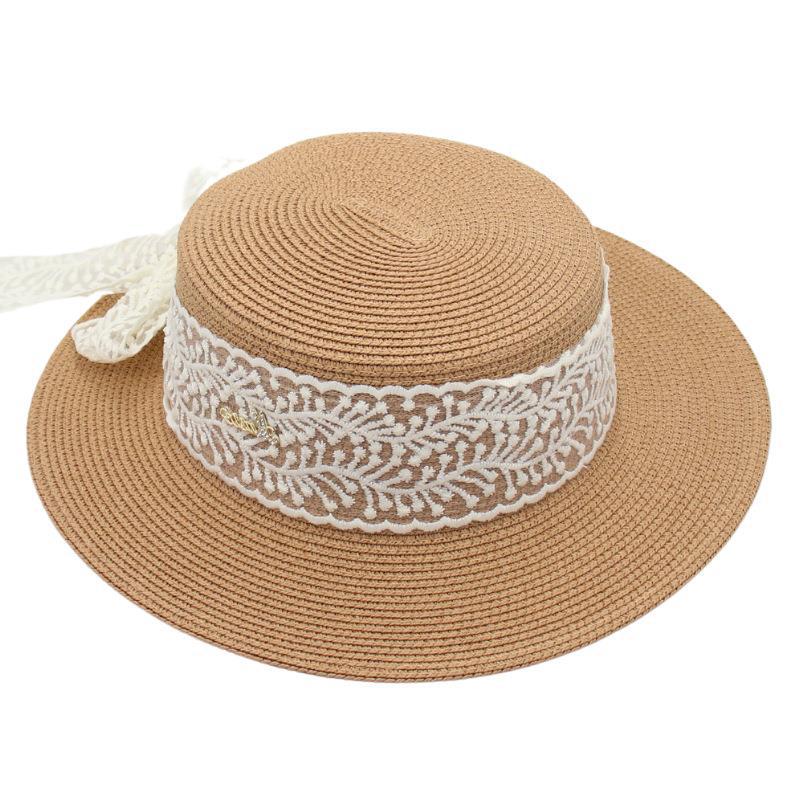 Temperament Straw Hat Female Bow Model Sun Protection Sun Hat Flat Top Hawaiian Lace Beach Hat Street Shot