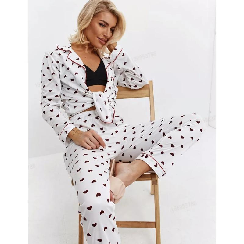 Spring and Autumn Women's Pajamas Homewear Suit Long-Sleeved Long Pants Women Lapel Pajamas Love Casual Homewear Suit