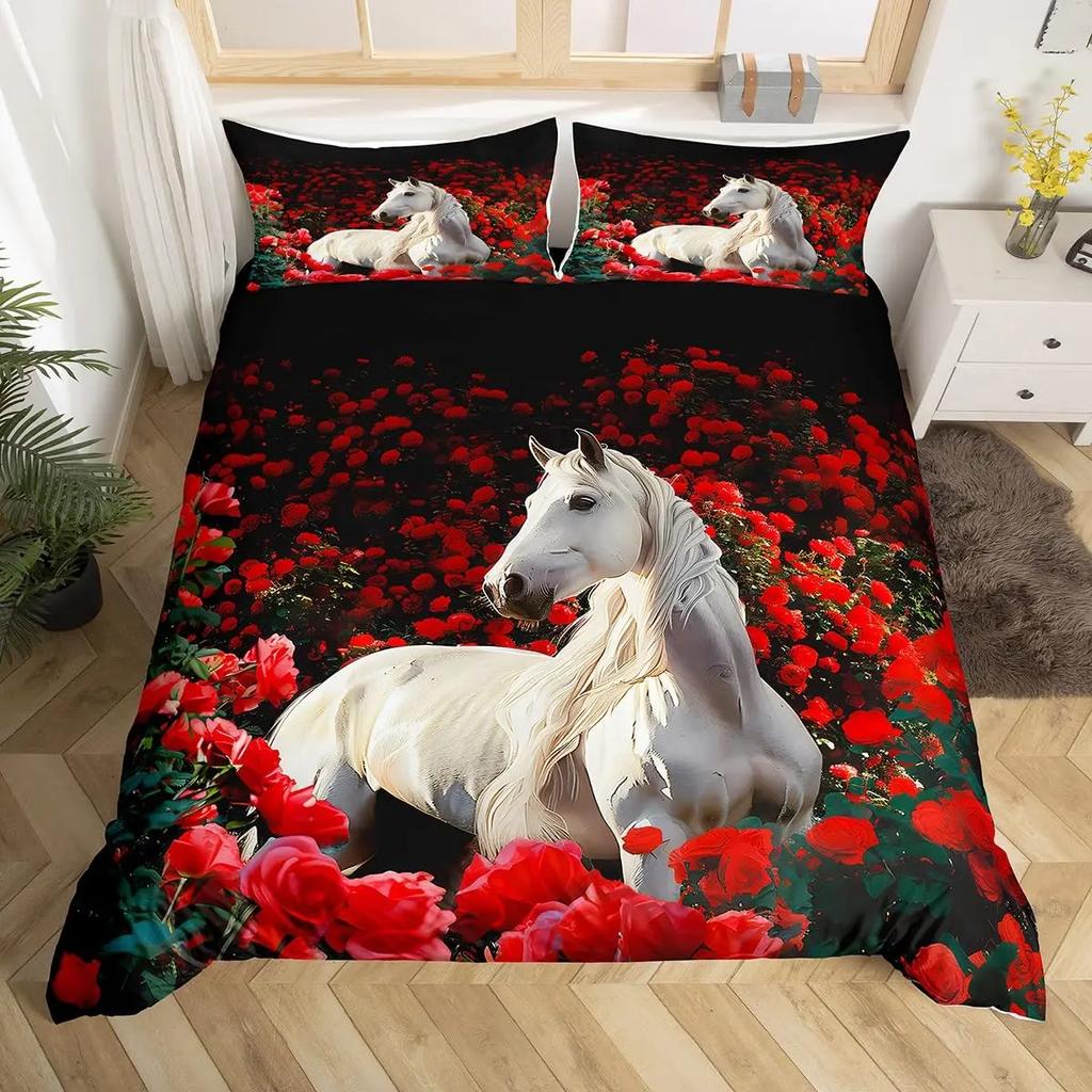 Cherry Blossom Horse Comforter Cover Twin for Kids Boys, Wild Animal Bedding Set Galloping Horse Duvet Cover with 2 Pillowcase