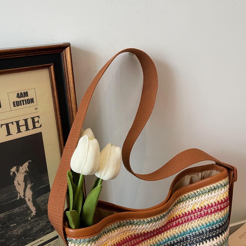Striped Straw Bag Women's Large Capacity Shoulder Crossbody Bag Beach Bag