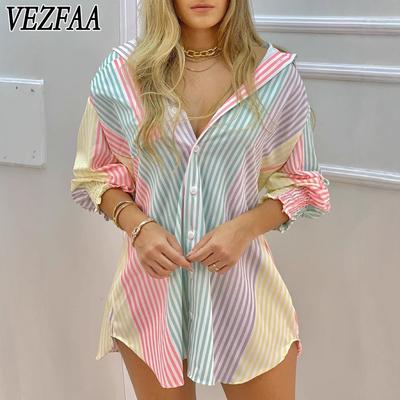 Camicette e camicie a maniche lunghe con scollo a V e stampa a righe, casual, primavera-autunno, da donna