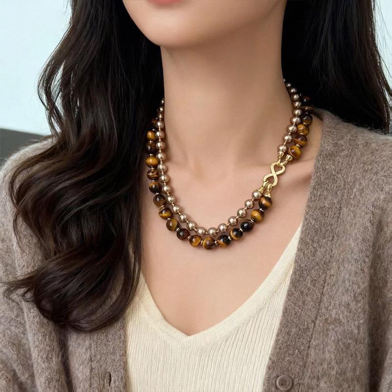 

Многорядное съемное ожерелье с искусственным жемчугом и тигровым глазом в два слоя - Мокко, золотисто-коричневый