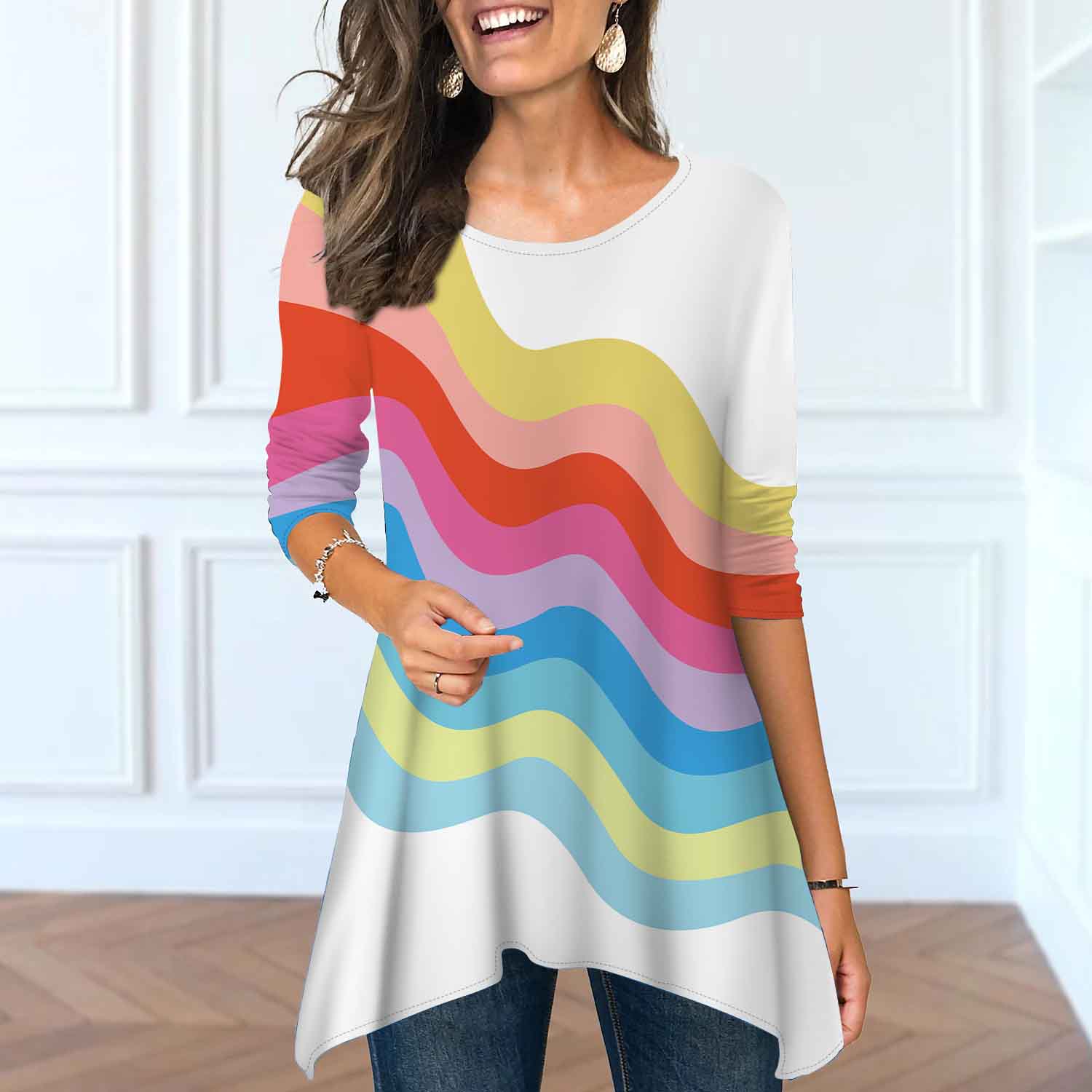 

Женские весенние топы с круглым вырезом и принтом Wave Point, модные футболки с длинными рукавами и неровным подолом 8XL разноцветный