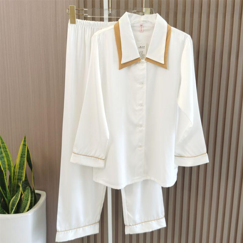 

New Arrival Silk Pajamas Women s Long Sleeve Summer Thin Two-Piece Suit Loose Fancy French Lapel Homewear Suit White XL