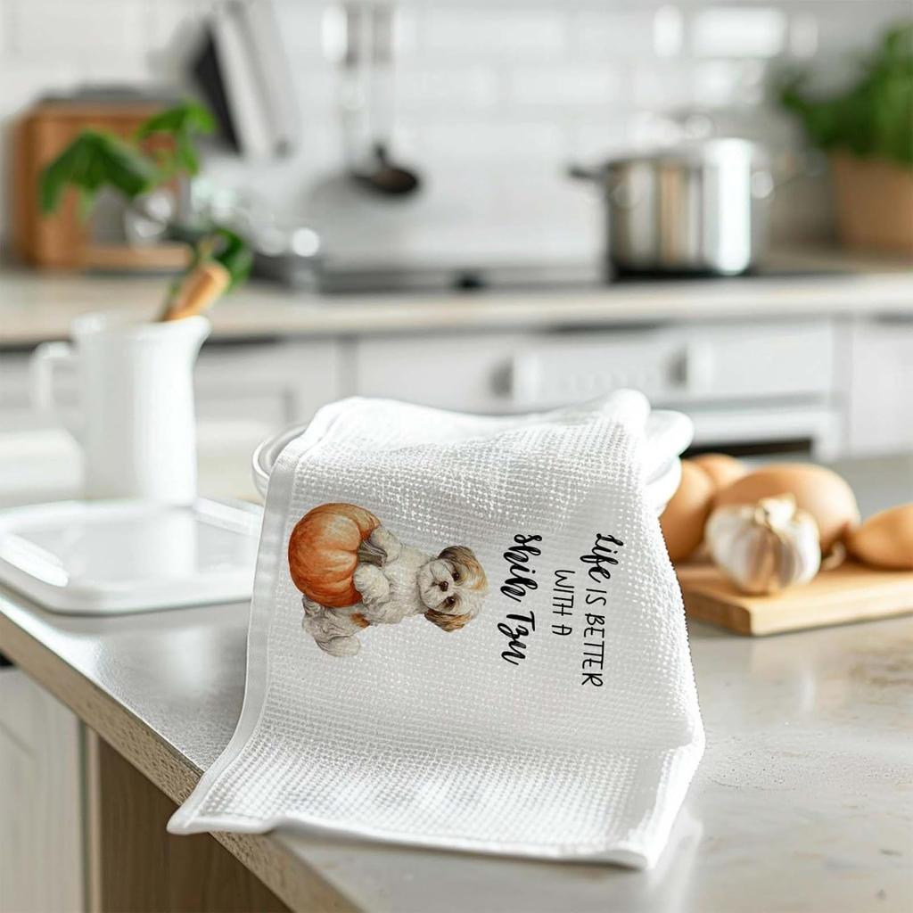 Shih Tzu Gifts Fall Kitchen Towels, Pumpkin Dog Decor Dish Towel for Kitchen, Gifts for Dog Lovers, Life is Better with A Shih Tzu Halloween Autumn
