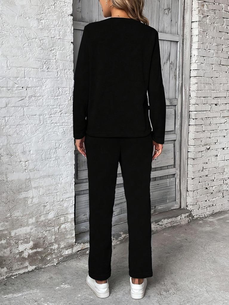 New Women's Fleece Sweatshirt & Pocket Pants Set - Round Neck, Fashionable & Simple Style, Casual Straight Leg Design (2025).