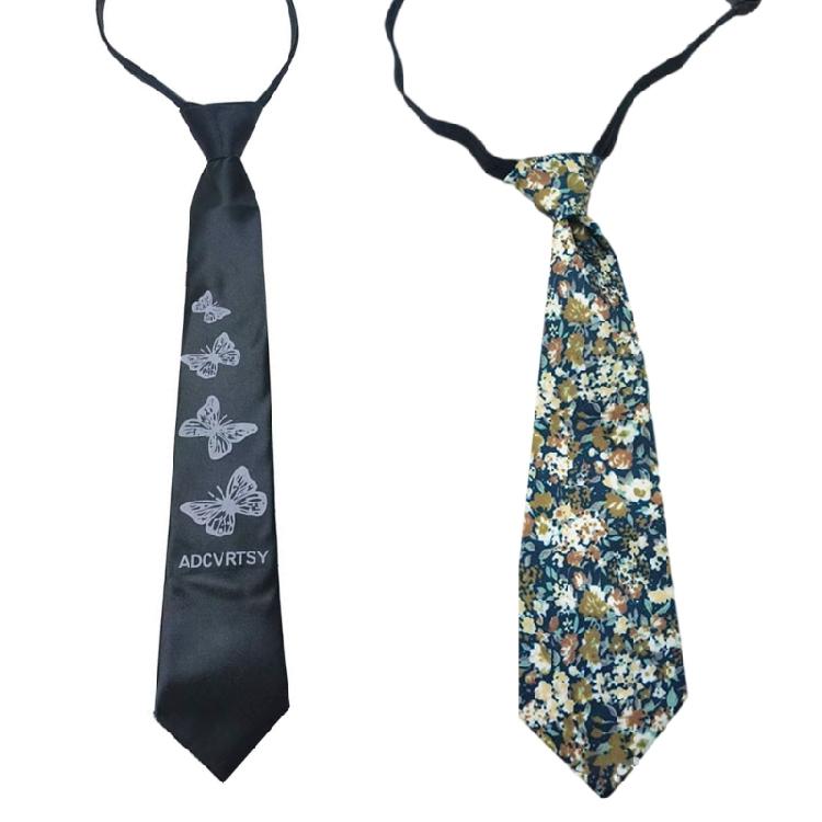Unisex Pre-Tied Tie with Adjustable Zippers Butterfly Floral Print Black Necktie Campus Preppy Uniform Shirt Collar Tie