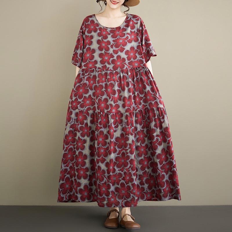 Kısa kollu Artı boyutu vintage çiçekli yeni kadınlar için elbiseler gündelik gevşek uzun yazlık elbise