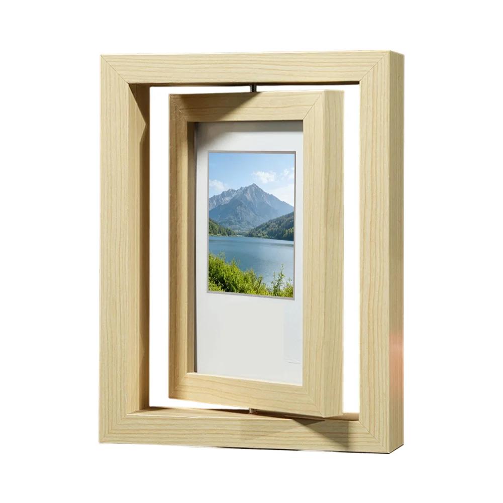 Dual-Sided 360° Rotating Wooden Picture Frame, Elegant Desktop Decor Holds Two 7-Inch Photos For Home Or Office Display