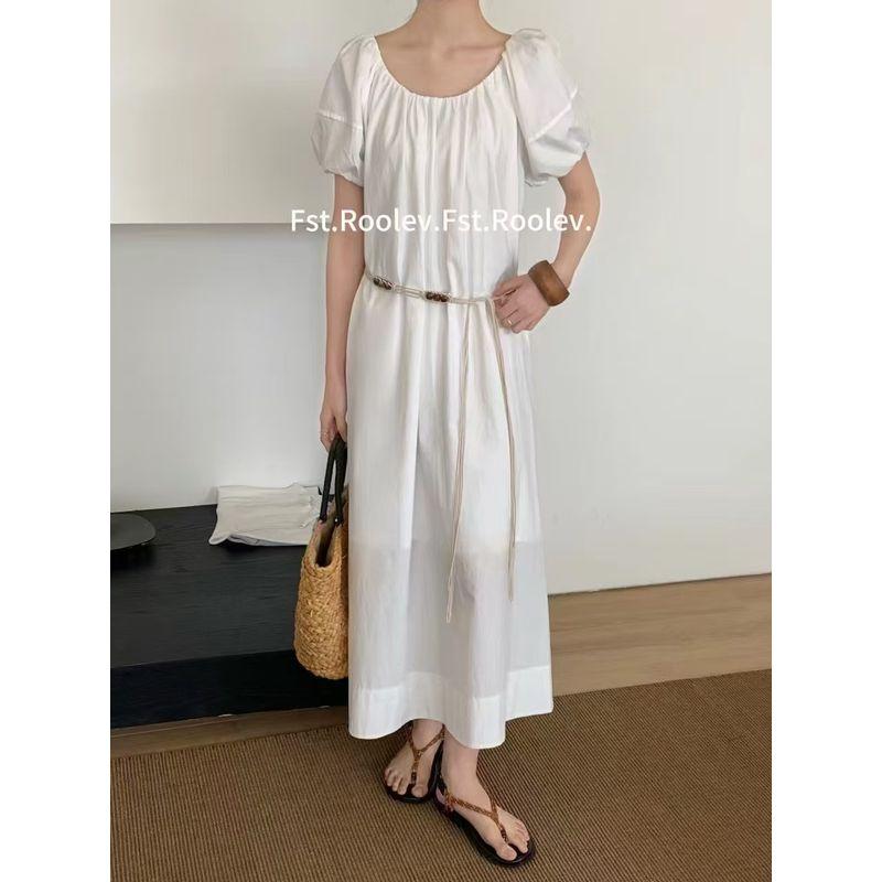 

FST Bohemia Dress Women 2025 Summer New Arrival French Gentle round Neck Puff Sleeves Loose Long Dress