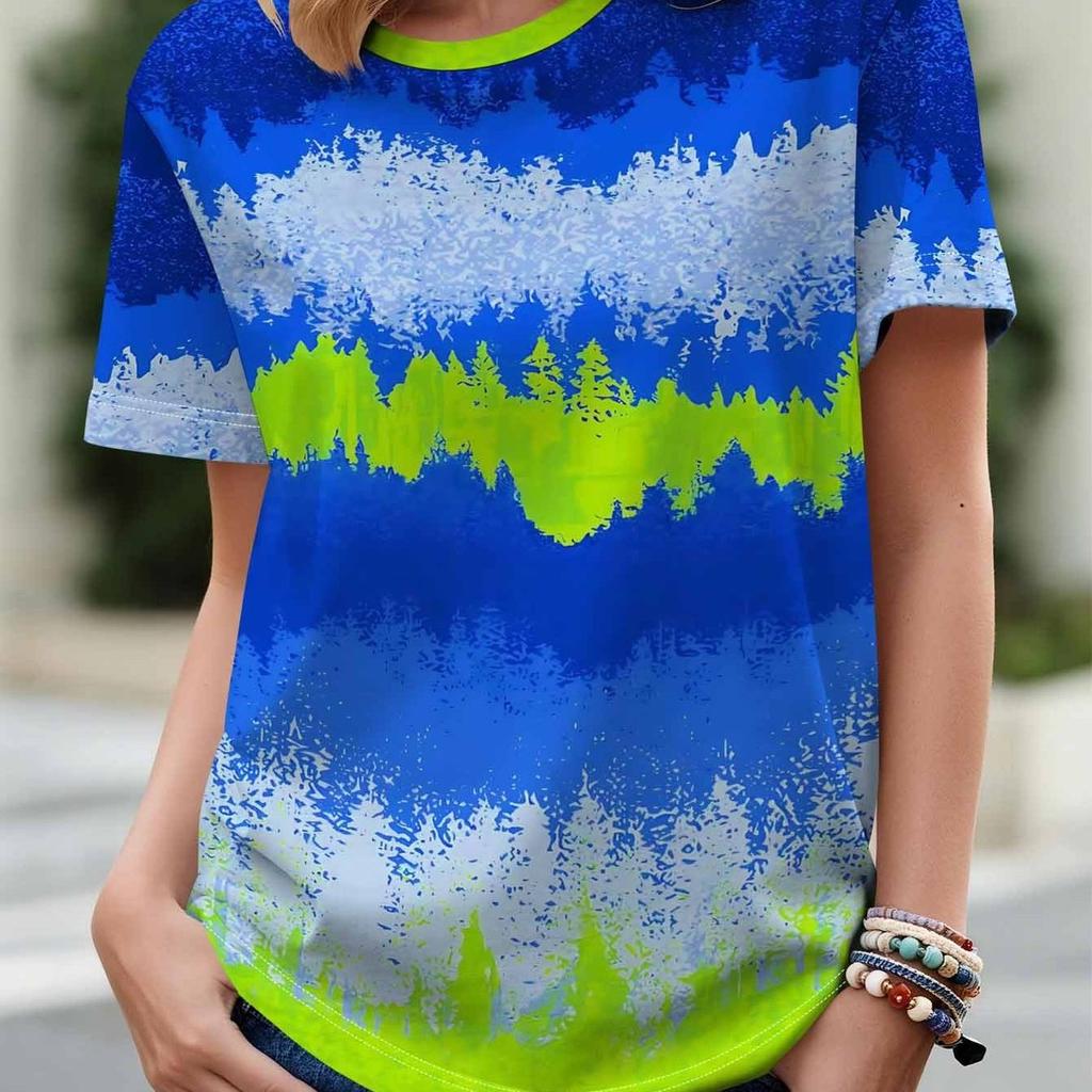 Forest Gradient Exquisite Print Fashion Loose Round Neck Popular Short Sleeve T-Shirt for Women