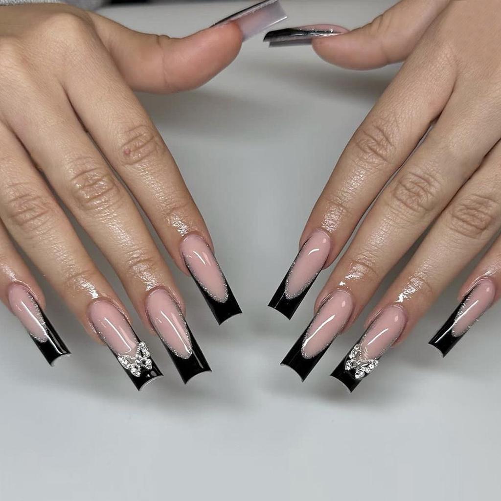 24-Piece Black French Extra-Long Ballerina Nails with Metal Butterfly Design - Press-On False Nails for a Spicy, Cool European-American Look