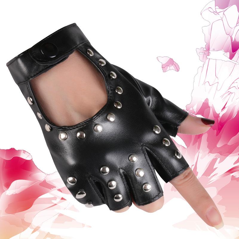 Women's Dance Half Finger Gloves Performance Short Cyberpunk Rivet Pole Dance Dew Finger Street Dance Nightclub Leather Gloves