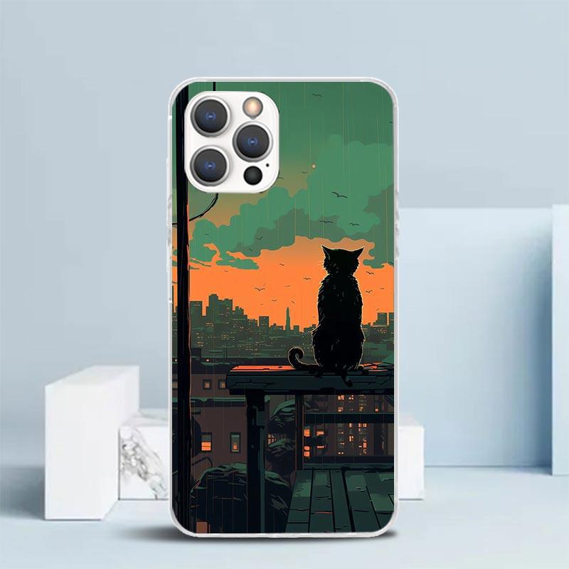 Anime Cat Rain Animal Phone Case For IPhone 16 17 Air 16E 15 14 Plus 13 Mini 12 11 Pro Max 7 8 + SE 2020 Soft TPU Back Cover 16
