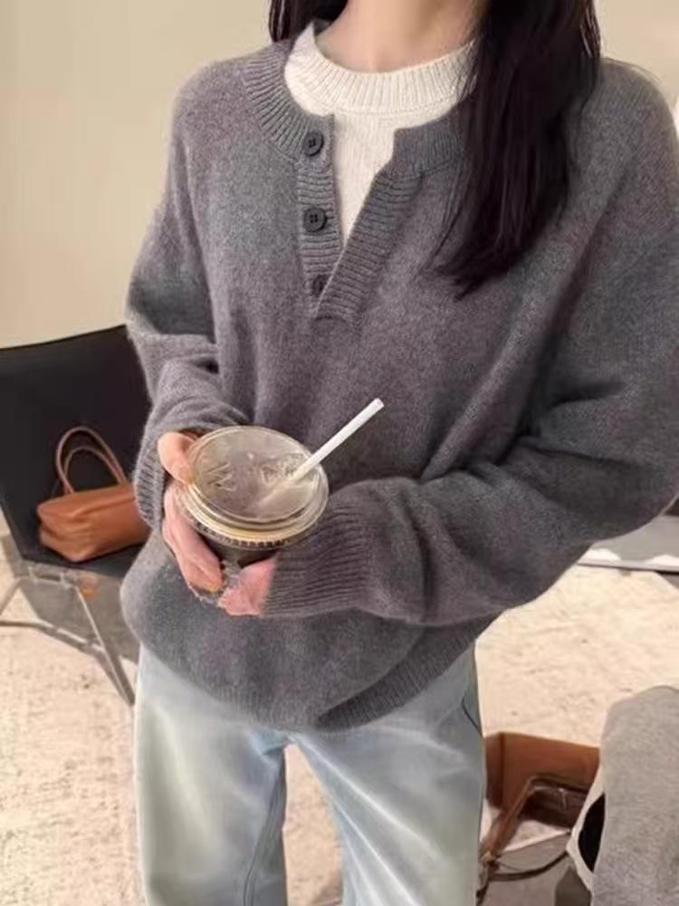 Women's 100% Wool Autumn/Winter Sweater - Two-Piece Look, Half-Open Collar, Loose Fit, Versatile Knitwear for Layering