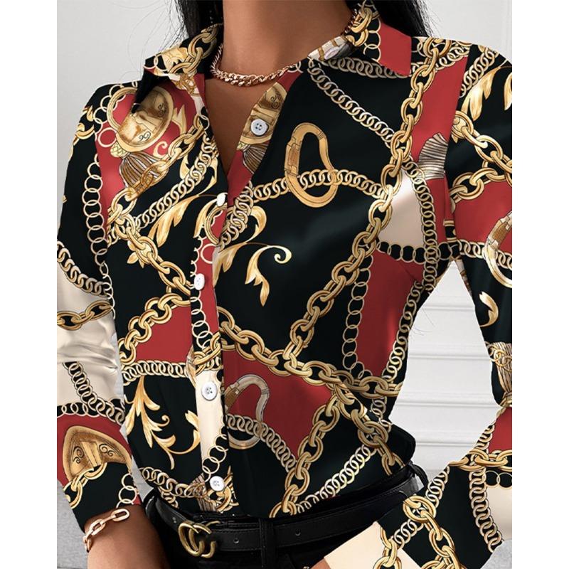 Women Fashion Wild Shirts Chain/Floral/Letter/Geometric Square Print Turn-Down Collar Long Sleeve Blouses