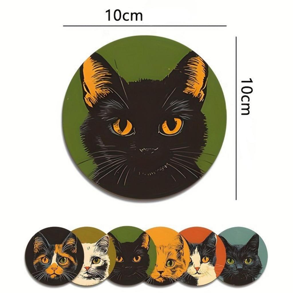 [Suyasuwa] Set of 6 Wooden Coasters with Cat Patterns, Round, Stylish, Large Capacity, Large Wooden Coasters