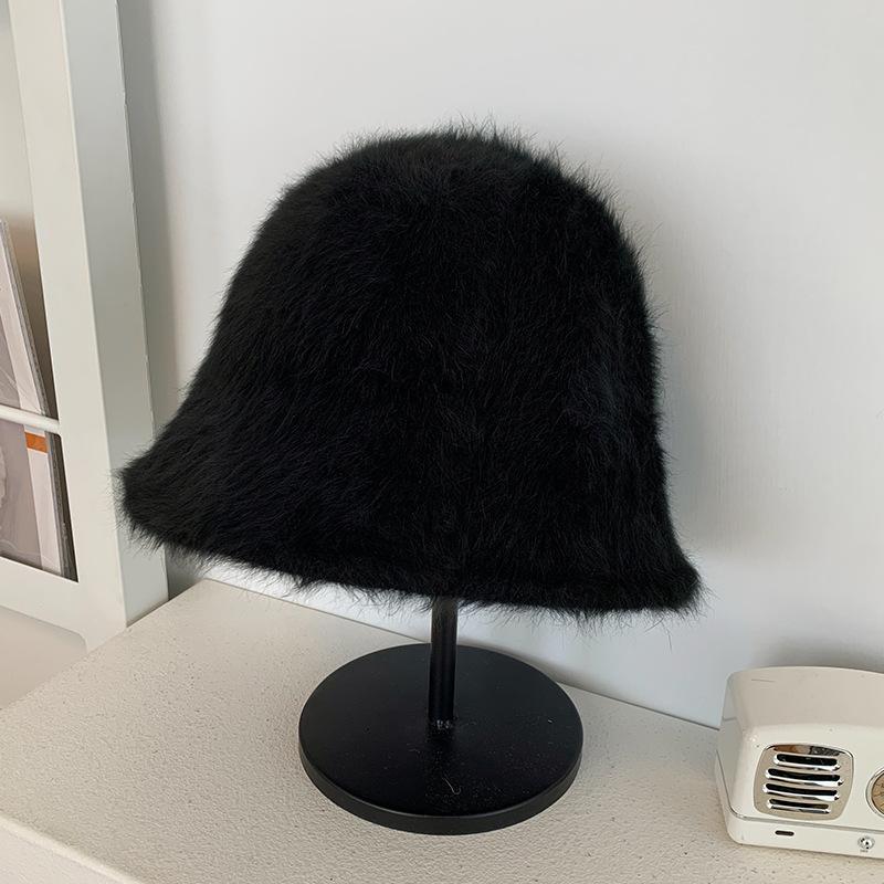 Rabbit fur bucket hat women's autumn and winter plush hat big head circumference showing small face warm hairy hat bucket hat