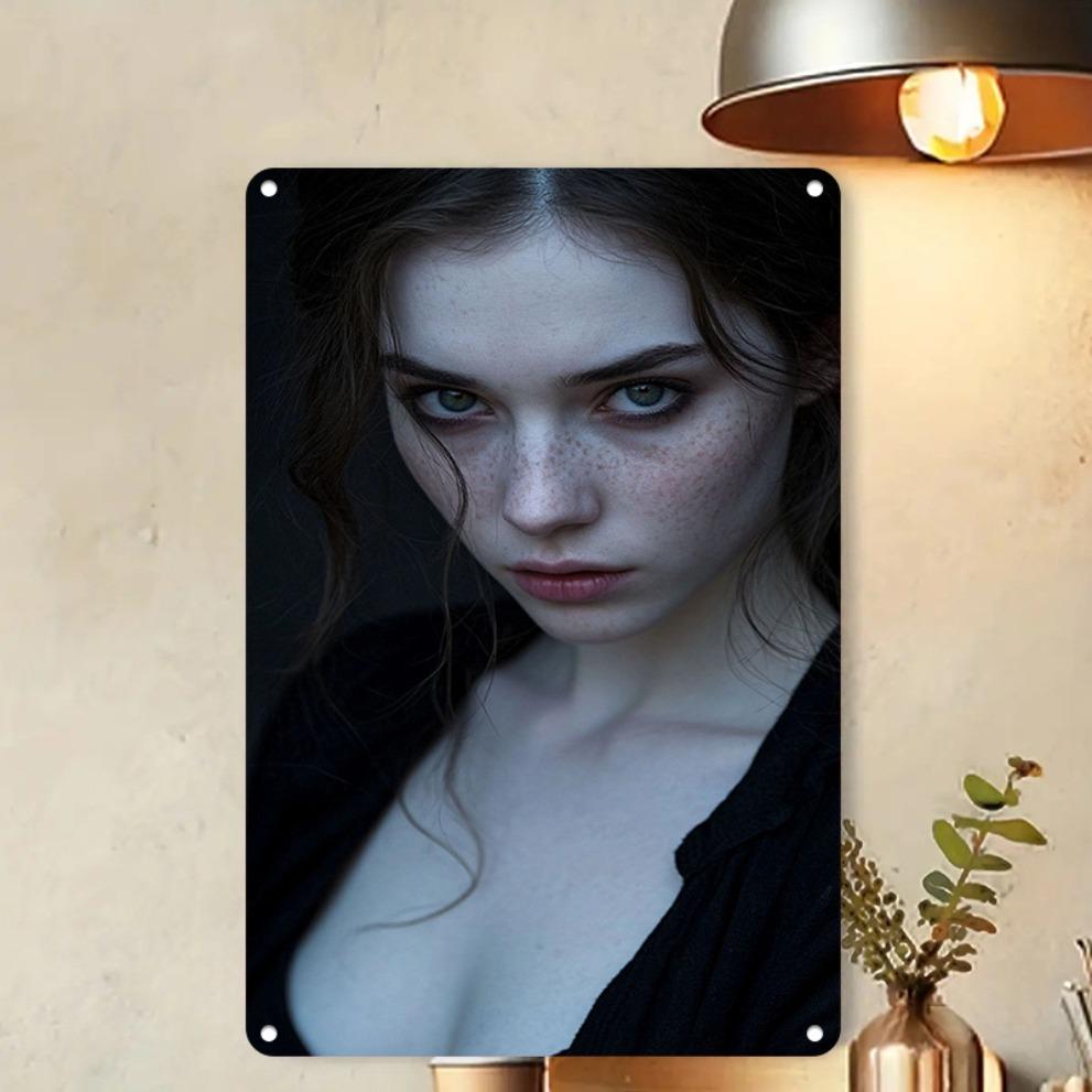 

HD Metal Tin Sign Freckled Beauty Dark Aesthetic Portrait Vintage Wall Art Decor 20x30cm（7.8x11.8inch）