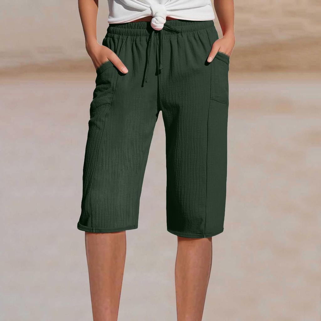 Women's Summer Linen Shorts - Elastic Waist Pleated Pocket Casual Capris
