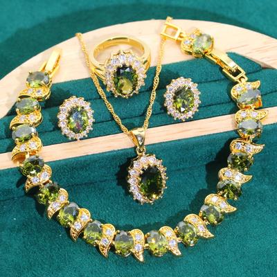 European and N Fashion Classic Olive Zircon Necklace Earrings Bracelet Ring Set