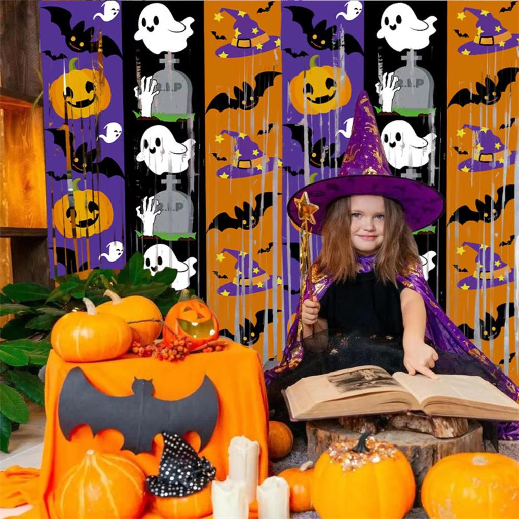 Halloween Pumpkin Ghost Bat Curtain Party Decoration Background Eye-Catching for Party Backdrop Photo Haunted House