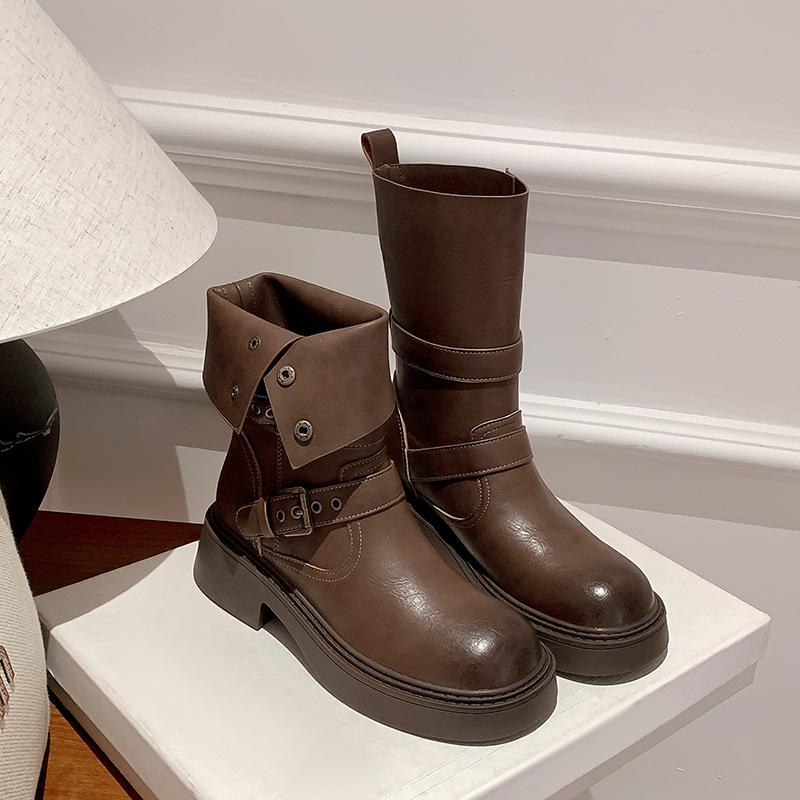 New Spot Two Wear Foldable Thick-soled Martin Boots Autumn and Winter British Style Mid-tube Boots, Thin and Versatile Female Knight