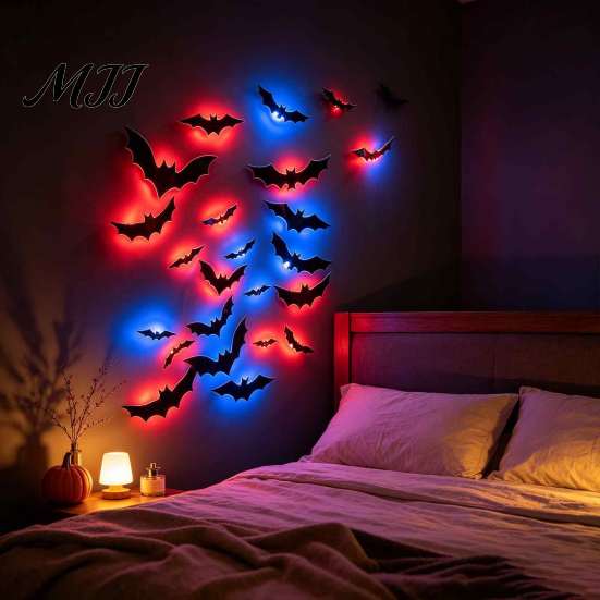 Easy Stick Halloween Wall Art LED Flying Bat, 3D Glowing Creepy Bats Decor, Festive Holiday Party Decorations 6 Sizes Durable PVC Ornaments for Indoor