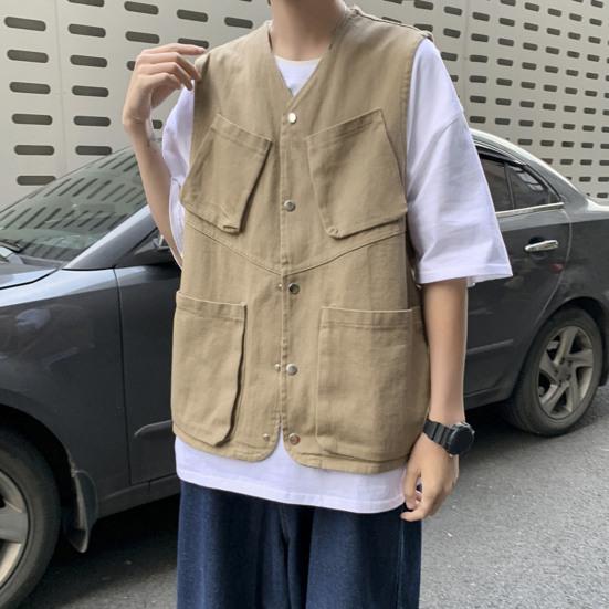 Męska kamizelka cargo bez rękawów jednorzędowa kieszenie projekt sportowy jednolity kolor wielokolorowa kamizelka outdoorowa odzież uliczna