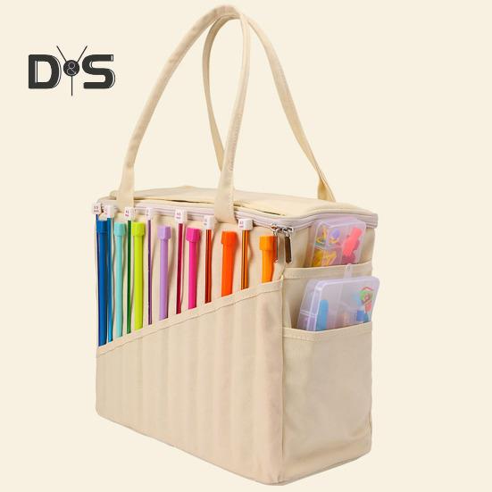 Canvas Yarn Storage Bag Solid Knitting Bag Handle Design Lightweight Portable Large Capacity Tote Organizer with Multi-layer Pockets