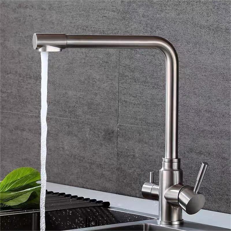 Grifo de Cocina de Acero Inoxidable 304 con Doble Salida y Opciones de Agua Caliente, Fría y Purificada