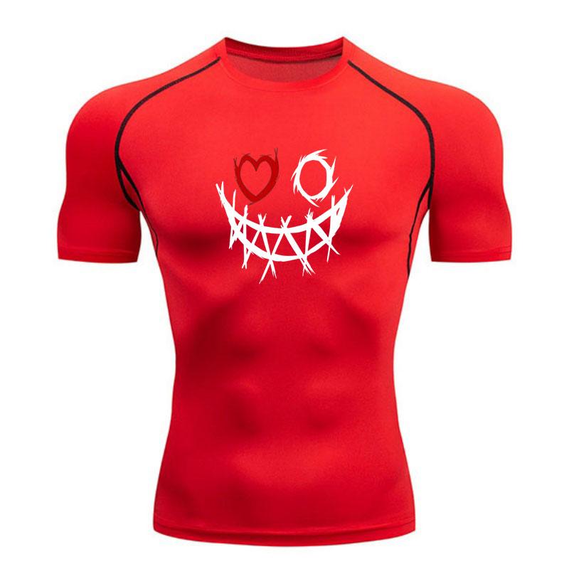 Men's Compression Workout T-Shirt, Barbed Wire Smiley Red He