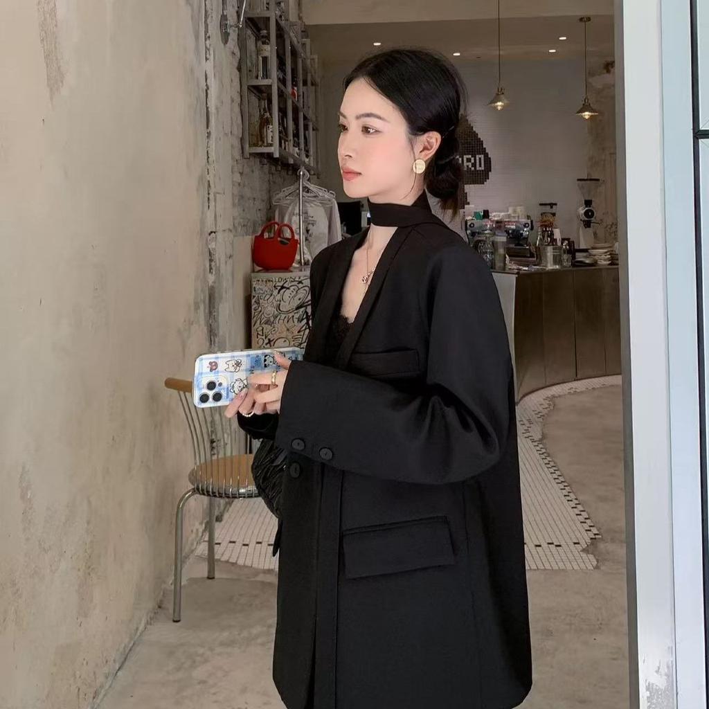 Elegant Belted Casual Blazer Women Spring Autumn Loose Fit Tied Sleeve Slimming Office Suit