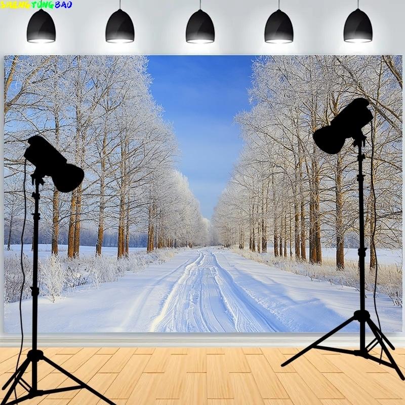 Winter Forest Snowcovered Road Photography Backdrops Blurred Landscape Snowflakes Road Spruce Trees Photo Background XD-07