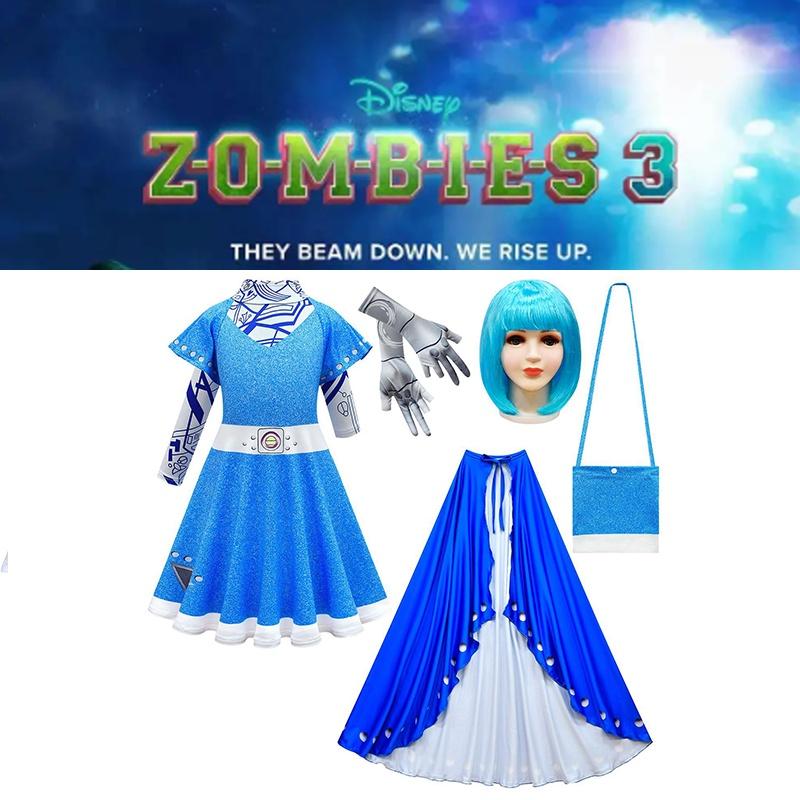 Zombies Kids Cosplay Costume Girls Dress Cloak Wig Bag Halloween Gift Outfit