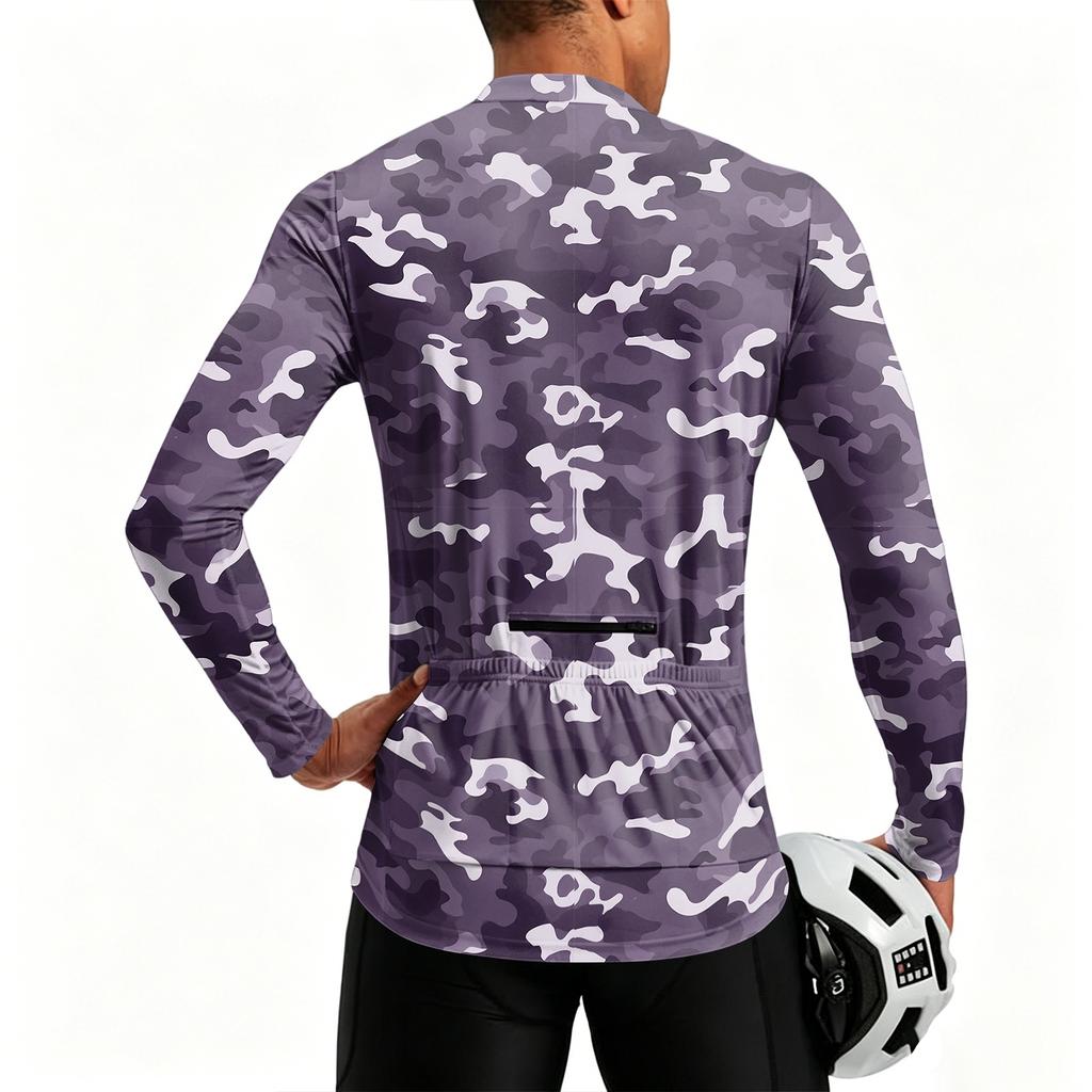 Men’s Crew Neck Printed Zip Breathable Quick Dry Long Sleeve Cycling Jersey with Digital Camouflage Pattern for Outdoor Sports Activities