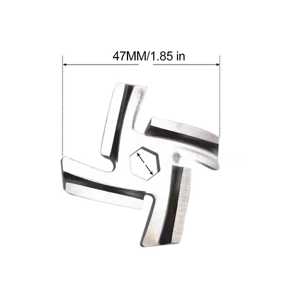 Stainless Steel Meat Grinder Accessories: Knife, Blade, Hole Plate, Sausage Stuffer, and Grinder Rod.