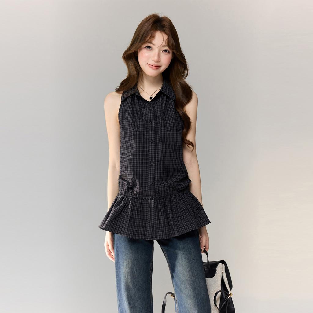 College Style Polo Collar Plaid Ruffle Hem Vest Women's Summer Sleeveless Stacked Wear Thin Temperament Top