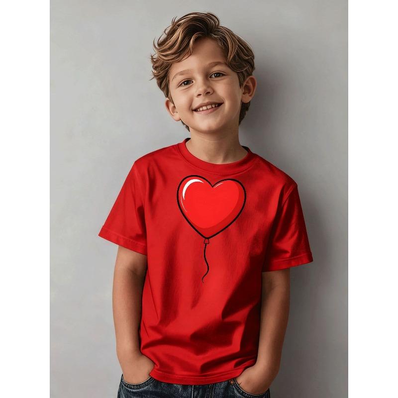 Boys Black Heart Balloon Print Crewneck Short Sleeve Tee, Casual Sport Daily Top