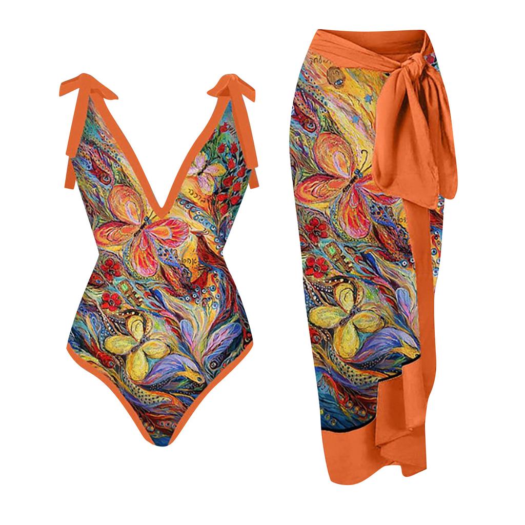 Fashion Women's Sexy Printed V Neck Strap Backless Beachwear Monokini Bikini Swimsuit  2 Piece Swimsuit