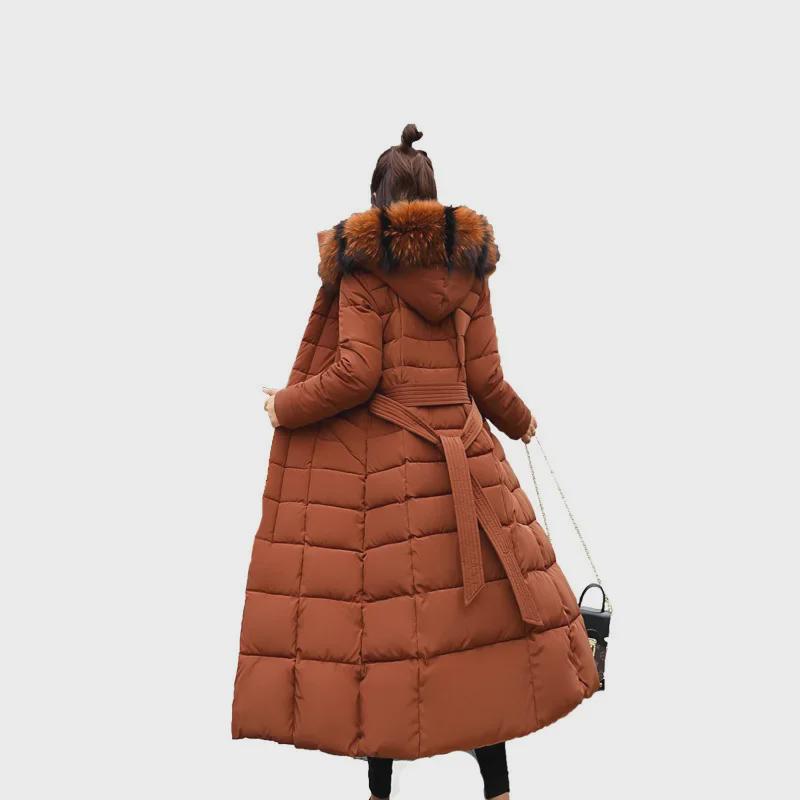 Women's Long Hooded Lace-Up Cotton Coat with Fur Collar - Korean Style, Thick & Warm, Over-the-Knee.