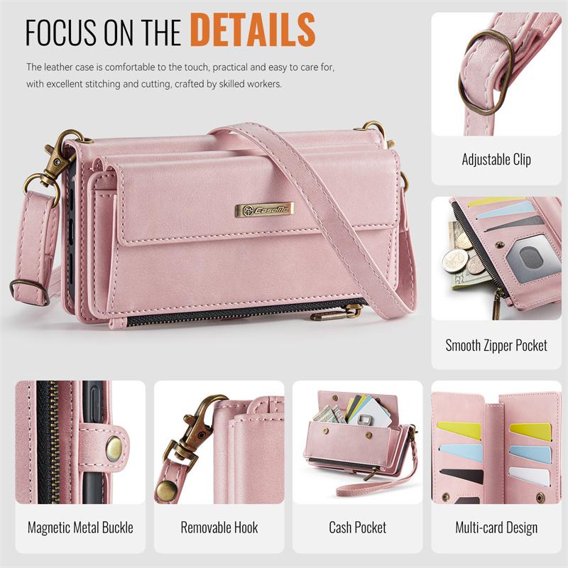 CaseMe Flip Leather Phone Case for iPhone 17 Pro Max 17E Air 16 Plus 16E 15 14 13 12 11 X XS XR SE 2022 8 Long Lanyard Zipper Wallet Multi Card Cover