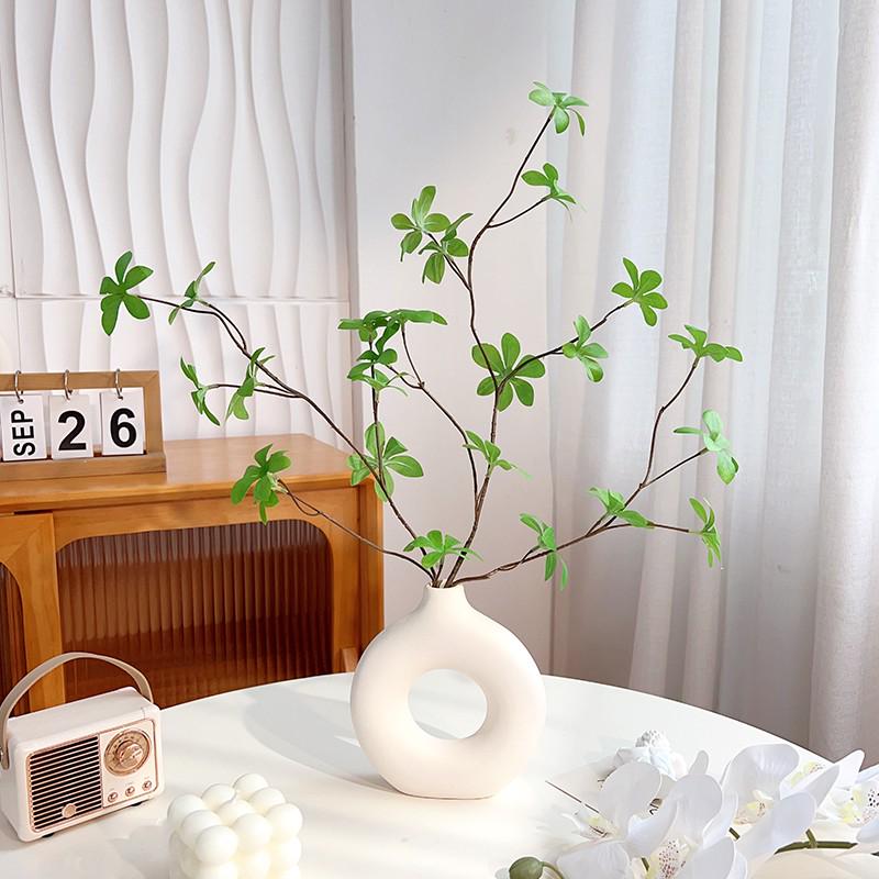 Green Plants Ceramic Vase with Hanging Bells and Artificial Flowers - Home Decoration Props