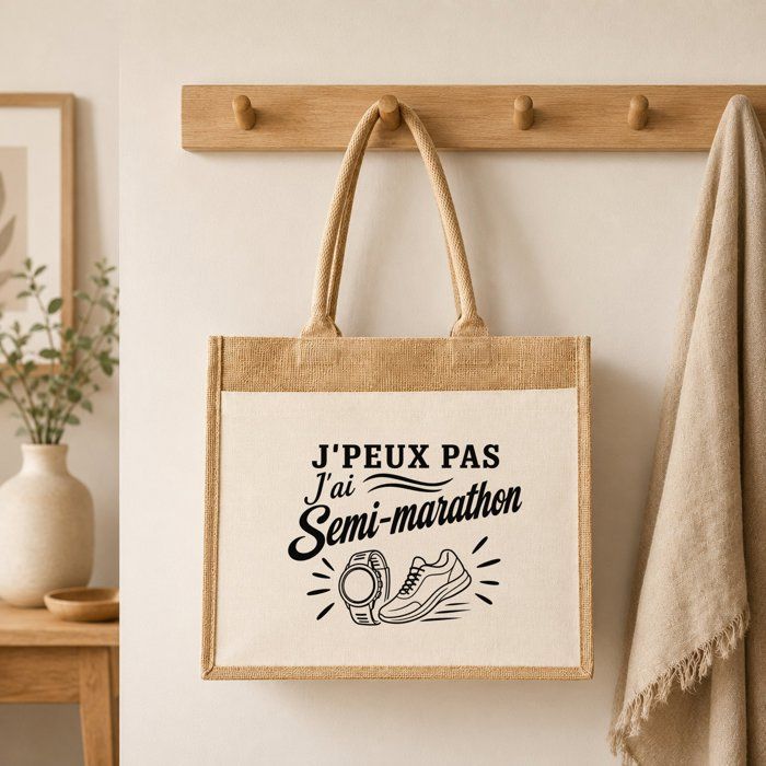Sac cabas - PLANETEE - J'peux pas minimaliste - Toile de jute &amp; coton - 43x33x21 cm - Anses coton 65 cm