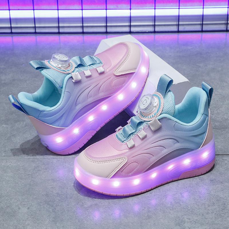 29-38 Children's Plus Size Fashionable Two Wheel Disassembly Into Flat Sports Shoes LED Illuminated Sports Shoes Ice Skates