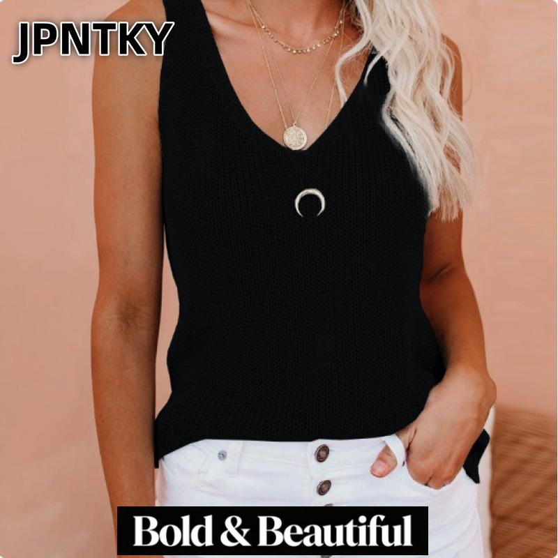 JPNTKY Moda Donna Casual Stampa Colore Unico Senza Maniche Scollo a V Bluse & Camicie