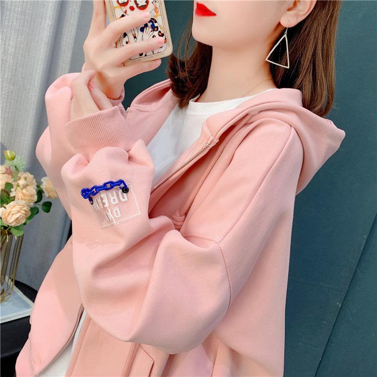 Solid Color Sweatshirt Cardigan Women's Thin Autumn Loose Sweatshirt Jacket Fashionable Long Sleeved Hooded Sweatshirt